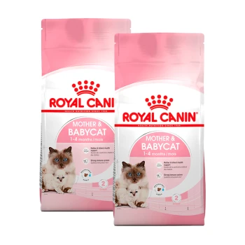 Royal Canin Mutter- und Babykatzenfutterverpackung, mit einer Mutterkatze und ihrem Kätzchen, gekennzeichnet für Kätzchen im Alter von 1-4 Monaten.