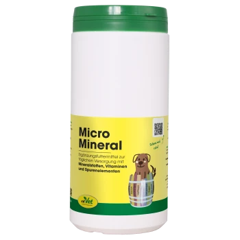 Behälter mit cdVet MicroMineral, einem natürlichen Haustier-Nahrungsergänzungsmittel, mit einem grünen Deckel und einem Etikett mit "100% NATUR" und Produktdetails.