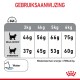 Voedingsrichtlijnen voor katten op basis van gewicht, die ideale en overgewicht porties in grammen tonen voor katten van 3kg tot 6kg, met watericoon.