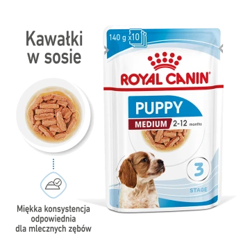 Karma Royal Canin dla szczeniąt w sosie, odpowiednia dla szczeniąt średniej wielkości w wieku 2-12 miesięcy, z miękkimi kawałkami dla mlecznych zębów.
