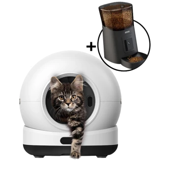 Weißes kugelförmiges Katzenklo mit getigertem Kätzchen, das mit der Pfote aus der vorderen Öffnung greift; Einblendung zeigt schwarzen automatischen Futterspender mit Trockenfutter.