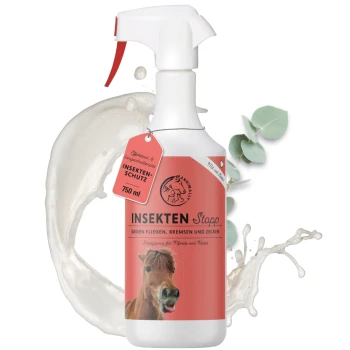 Insekten Stopp Sprayflasche für Haustiere, 750 ml, mit einem Pferdebild, das behauptet, gegen Fliegen, Pferdefliegen und Zecken zu schützen.