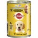 Pedigree Junior hondenvoerblik met een gele achtergrond, met tekst over gevogelte, rijst, natuurlijke ingrediënten en een 100% recyclebaar label.