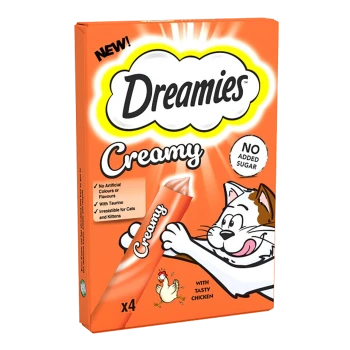 Orange box of Dreamies Creamy cat treats, cartoon cat image, "No Added Sugar" and "with tasty chicken", x4