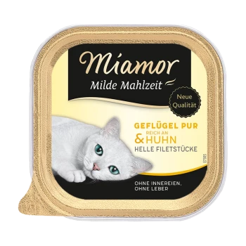 Emballage de nourriture pour chats Miamor présentant un chat blanc aux yeux bleus, étiqueté "Geflügel Pur" et "Helle Filetstücke," indiquant un contenu en volaille.