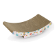Gekrümmte Katzenkratzmatte mit einer strukturierten Oberfläche, mit einem bunten Design von Katzen und Blumen auf der Basis.
