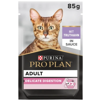 Purina Pro Plan Katzenfutterbeutel mit einer Bengal-Katze, gekennzeichnet mit 'Erwachsene zarte Verdauung' und dem Text 'Mit Truthahn in Sauce'.
