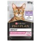 Purina Pro Plan Katzenfutterbeutel mit einer Bengal-Katze, gekennzeichnet mit 'Erwachsene zarte Verdauung' und dem Text 'Mit Truthahn in Sauce'.