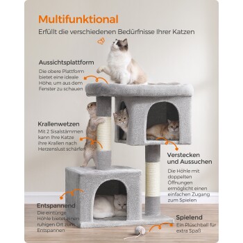 Ein mehrstöckiger Katzenbaum mit drei faulenzenden Katzen, der einen Aussichtspunkt, Kratzpfosten und gemütliche Verstecke zum Spielen und Entspannen bietet.