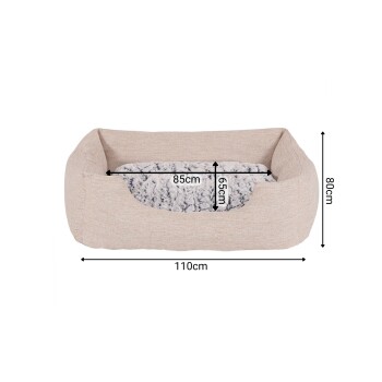 Haustierbett mit einem beigen Äußeren und einem weichen grauen Inneren, Abmessungen beschriftet: 110 cm x 80 cm x 85 cm.