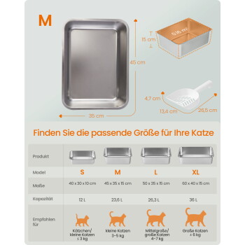 Rechteckige Edelstahlsandkiste (Modell M) 45×35×15 cm, 23,6 L; Größentabelle S M L XL und deutscher Text