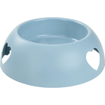 Jasnoniebieska miska na karmę dla zwierząt z serduszkowymi wycięciami po bokach, z gładkim, zaokrąglonym designem.