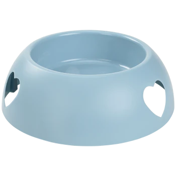 Helle blaue Futterschüssel für Haustiere mit herzförmigen Ausschnitten an den Seiten, mit einem glatten, abgerundeten Design.