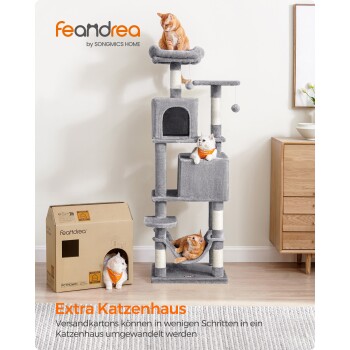 Ein grauer Katzenbaum mit einer orangefarbenen Katze oben und einer weißen Katze in einer Nische. In der Nähe eine "Feandrea"-Box mit der Aufschrift "Extra Katzenhaus."