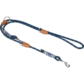 Navy blue dog leash with leather accents and colorful woven details, featuring a metal clip for attachment.