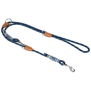 Navy blue dog leash with leather accents and colorful woven details, featuring a metal clip for attachment.