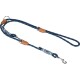 Navy blue dog leash with leather accents and colorful woven details, featuring a metal clip for attachment.