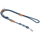 Navy blue dog leash with leather accents and colorful woven details, featuring a metal clip for attachment.