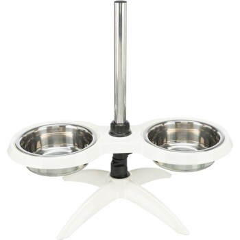 Futterstation für Haustiere mit zwei Edelstahlschalen und einem zentralen verstellbaren Pol, mit einem modernen weißen Basisdesign.