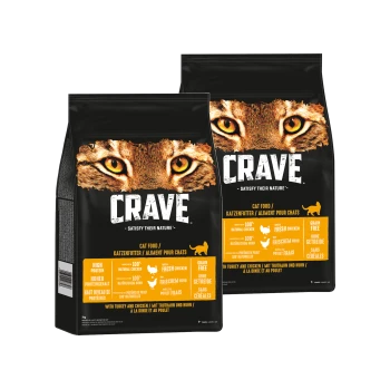 Zwei Taschen CRAVE Katzenfutter mit einem Katzenkopf, beschriftet "Befriedige ihre Natur", das hohe Protein-, natürliche, getreidefreie Zutaten hervorhebt.