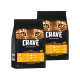 Zwei Taschen CRAVE Katzenfutter mit einem Katzenkopf, beschriftet "Befriedige ihre Natur", das hohe Protein-, natürliche, getreidefreie Zutaten hervorhebt.