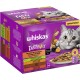 Pudełko karmy dla kotów Whiskas Tasty Mix z twarzą szarego kota i obrazkami smaków: jagnięcina, kurczak, indyk i kaczka w sosie.