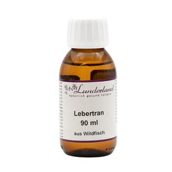 Bernsteinfarbene Glasflasche mit weißem Verschluss, beschriftet „Lunderland Lebertran 90 ml aus Wildfisch“ (Kabeljau‑Lebertran).