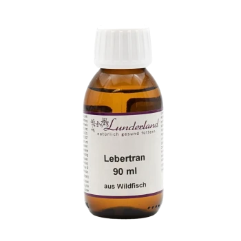 Bernsteinfarbene Glasflasche mit weißem Verschluss, beschriftet „Lunderland Lebertran 90 ml aus Wildfisch“ (Kabeljau‑Lebertran).