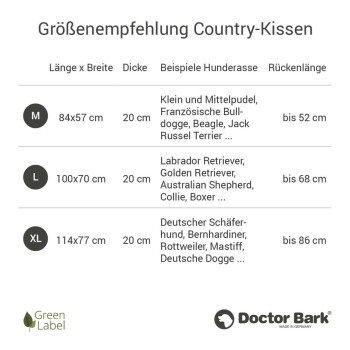 Größentabelle für Country Kissen Haustierbetten von Doctor Bark, die Abmessungen und geeignete Hunderassen für die Größen M, L und XL detailliert.
