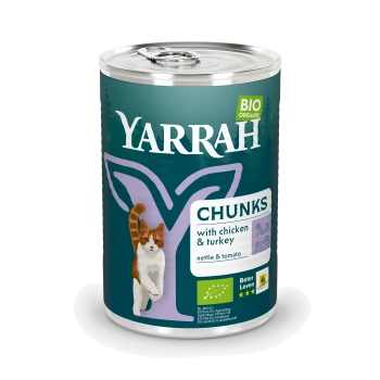 Dose Yarrah Bio-Katzenfutterstücke mit Huhn und Truthahn, Brennnessel- und Tomatengeschmack, mit Katzenillustration.