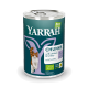 Boîte de nourriture bio Yarrah pour chat avec morceaux de poulet et dinde, saveur ortie et tomate, avec illustration de chat.