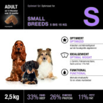 Hundefutteretikett mit drei kleinen Hunden; Text: SMALL BREEDS 5–15 kg, ADULT, 2,5 kg, 33% Rind, 26% Protein, 11% Fett.