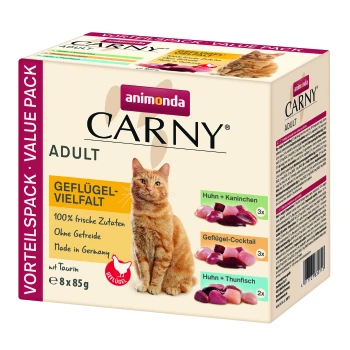 Carny Nassfutter Katze Adult, Mixpaket Geflügel-Vielfalt 8x85 g Animonda Carny Adult Katzenfutterbox mit einer roten Katze, beschriftet mit "Geflügel-Vielfalt," 100 % frisch, getreidefrei, 8 x 85g Portionen, hergestellt in Deutschland.