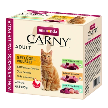 Animonda Carny Adult Katzenfutterbox mit einer roten Katze, beschriftet mit "Geflügel-Vielfalt," 100 % frisch, getreidefrei, 8 x 85g Portionen, hergestellt in Deutschland.