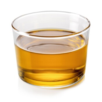 Klarer Glasschale gefüllt mit goldenem, haustiersicherem Fischöl auf weißem Hintergrund.