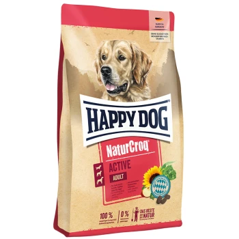 Happy Dog NaturCroq Active Adult hondenvoerzak met een golden retriever, met nadruk op natuurlijke ingrediënten en gemaakt in Duitsland.