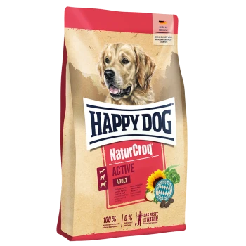 Happy Dog NaturCroq Active Adult Hundefuttertüte mit einem Golden Retriever, die natürliche Zutaten und Herstellung in Deutschland zeigt.