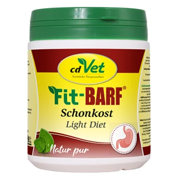 Behälter mit cdVet Fit-BARF Light Diät für Haustiere, mit einem grünen Deckel, gelbem und weißem Etikett, und Text, der natürliche Zutaten hervorhebt.