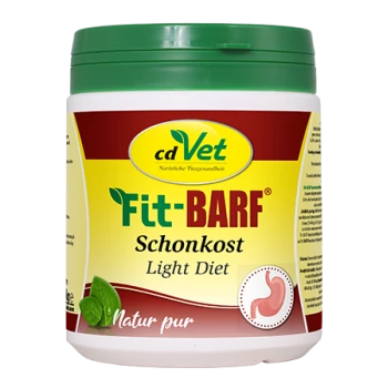Behälter mit cdVet Fit-BARF Light Diät für Haustiere, mit einem grünen Deckel, gelbem und weißem Etikett, und Text, der natürliche Zutaten hervorhebt.