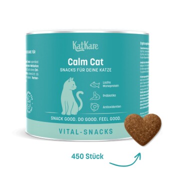 Dose KatKare Calm Cat Snacks mit Text, der Katzenminze, L-Tryptophan und Lachsproteine für das Wohlbefinden der Katzen hervorhebt.
