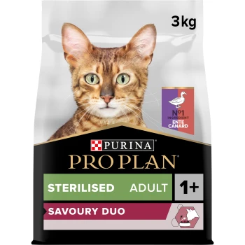 Sac de nourriture pour chats Purina Pro Plan Savoury Duo, 3 kg, présentant un gros plan du visage d'un chat Bengal, étiqueté "Sterilised Adult 1+" et "Ingrédient n° 1 canard."