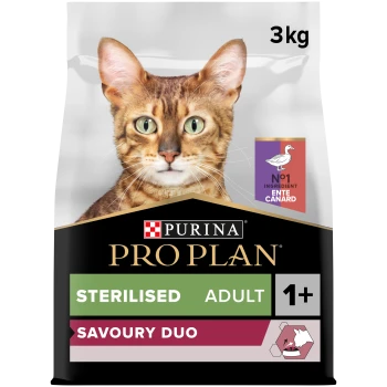 Sac de nourriture pour chats Purina Pro Plan Savoury Duo, 3 kg, présentant un gros plan du visage d'un chat Bengal, étiqueté "Sterilised Adult 1+" et "Ingrédient n° 1 canard."