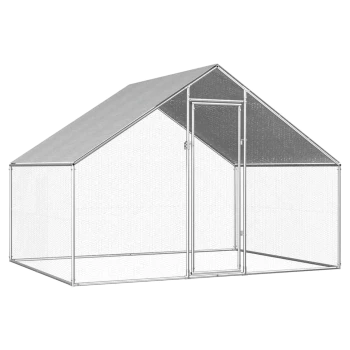 Ein großes, metallrahmiges Haustiergehege mit einem spitzen Dach und Netzseiten, das eine Tür für den Zugang hat.