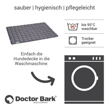 Eine schwarze, gesteppte Hundedecke mit dem Hinweis, dass sie bis zu 95°C waschbar und trocknergeeignet ist, beschriftet mit 'Doctor Bark, MADE IN GERMANY.'