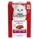 Purina Gourmet 'Mon Petit intense' rode kattenvoerdoos met witte langharige kat, stukjes vlees op een bord en '6x50g' label
