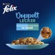 Eine blaue Schüssel mit Katzenfutter in Gelee, mit dem Purina Felix-Logo und dem Text 'Doppelt Lecker' und 'Geschmacksvielfalt'.