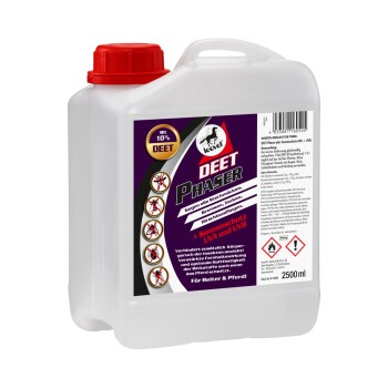 2500ml Leovet DEET Phaser Insektenschutzmittel für Pferde, mit rotem Deckel und lila Etikett, wirksam gegen stechende Insekten und bietet UV-Schutz.