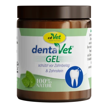 Braunes Glas dentaVet GEL von cdVet, beschriftet mit '100% NATUR', behauptet, gegen Plaque und Zahnstein zu schützen, mit einem Zahn-Icon.