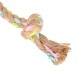 Un jouet en corde tressée colorée pour animaux de compagnie, avec des brins rose pastel, bleu et vert, avec une extrémité effilochée pour une texture supplémentaire.
