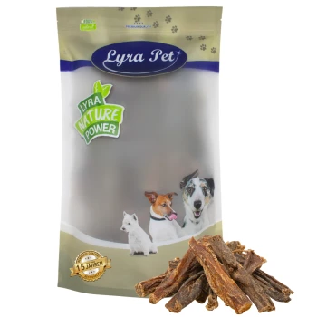 Verpackung für Lyra Pet Hundeleckerlis mit drei Hunden auf der Vorderseite, beschriftet "Lyra Nature Power," mit einem Stapel Leckerlis davor.